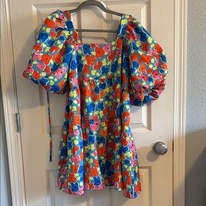 Nasty Gal Orange and Blue Puff Sleeve A-Line Dress